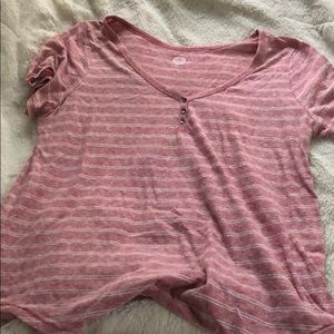 Dark Pink Striped Relaxed Tee with Buttons